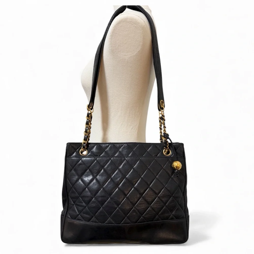 Chanel Vintage Quilted Lambskin Slit Pocket Shoulder Tote Black Gold Chain Charm